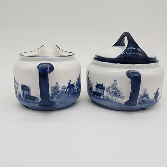 Blue and White Porcelain Cream and Sugar Bowl Nautical Lighthouse Sailboat VTG - Picture 3 of 11